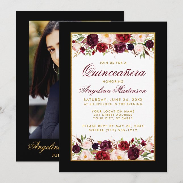Invitation Quinceanera Black White Gold Burgundy Floral Photo (Devant / Derrière)