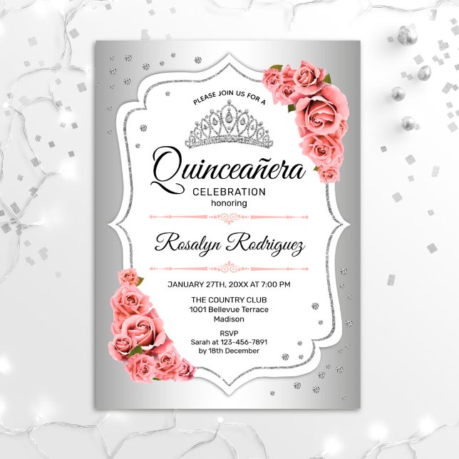Invitation Quinceanera - Blanc Argent Rose (Créateur téléchargé)