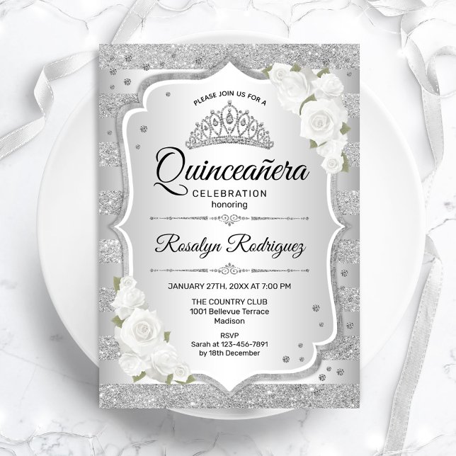 Invitation Quinceanera blanc argenté (Créateur téléchargé)