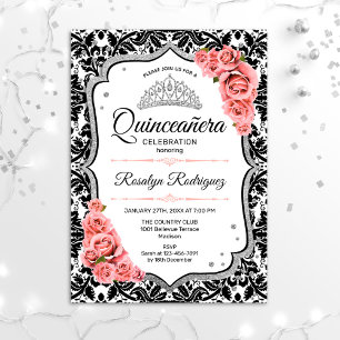 Invitation Quinceanera - Blanc Noir Damas Blush rose