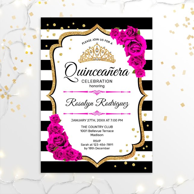 Invitation Quinceanera - Blanc Noir Rose Or (Créateur téléchargé)