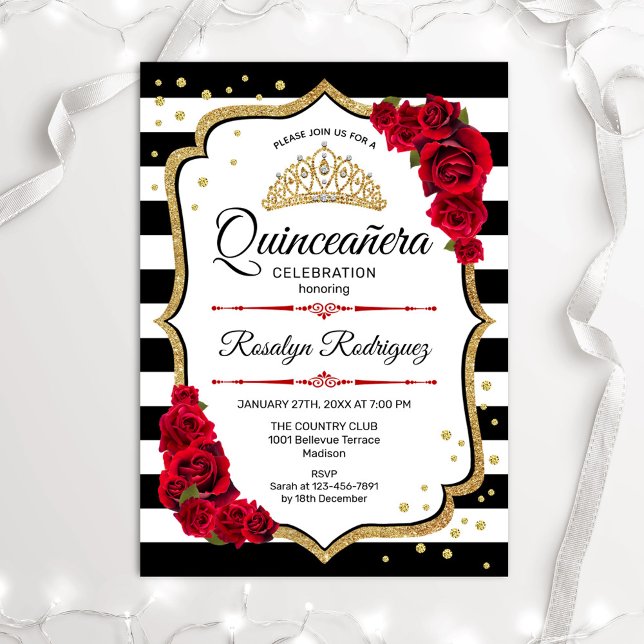 Invitation Quinceanera - Blanc Noir Rouge Or (Créateur téléchargé)
