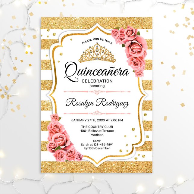 Invitation Quinceanera - Blanc Or Blush rose (Créateur téléchargé)