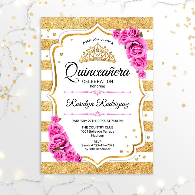 Invitation Quinceanera - Blanc or Pastel rose (Créateur téléchargé)