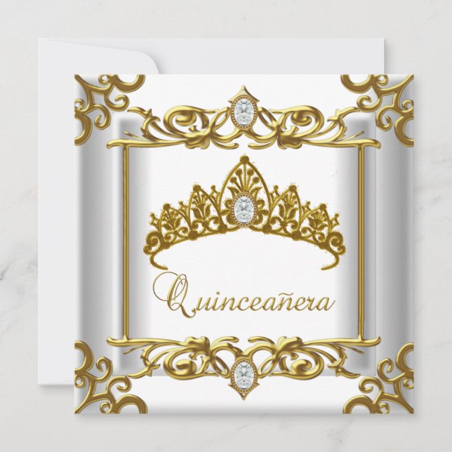 Invitation Quinceanera blanc or Tiara 15e anniversaire (Devant)