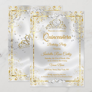 Invitation Quinceanera Blanc Or Tiara Diamond Coeurs