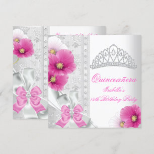 Invitation Quinceañera Blanc Rose Floral Diadème Diamanté