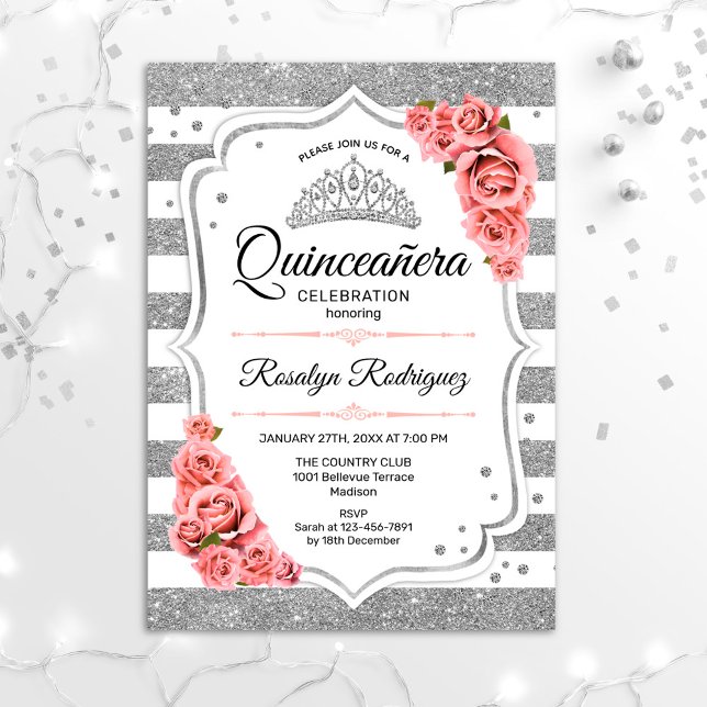 Invitation Quinceanera - Blanc Silver Rose (Créateur téléchargé)