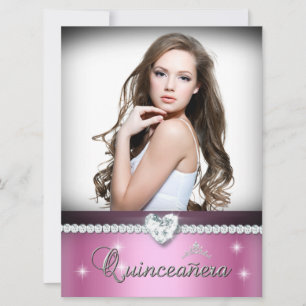 Invitation Quinceanera blanche rose 15 Faux Diamond Photo