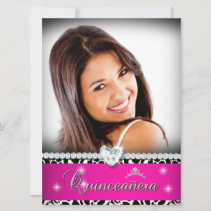 Invitation Quinceanera blanche rose chaude 15 Diamond Photo