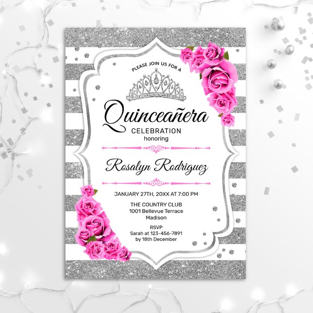 Invitation Quinceanera - Blancs argenté rose (Créateur téléchargé)