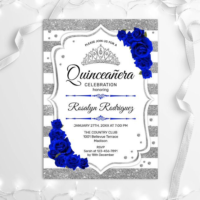 Invitation Quinceanera - Blancs d'argent Royal Blue (Créateur téléchargé)