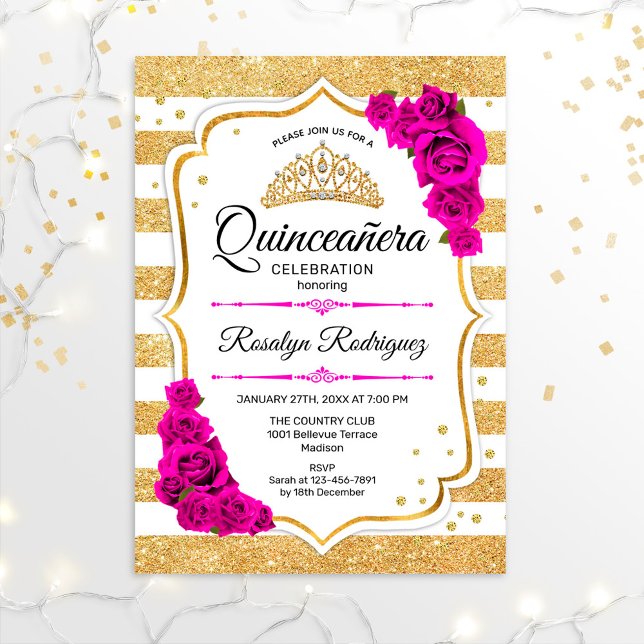 Invitation Quinceanera - Blancs Or Pink (Créateur téléchargé)