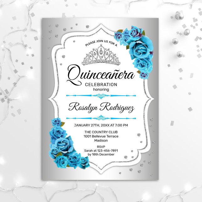 Invitation Quinceanera - Bleu blanc argenté (Créateur téléchargé)
