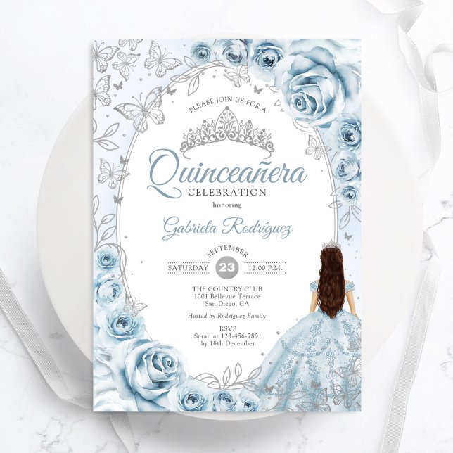 Invitation Quinceanera Bleu Bleu Argent Floral (Créateur téléchargé)