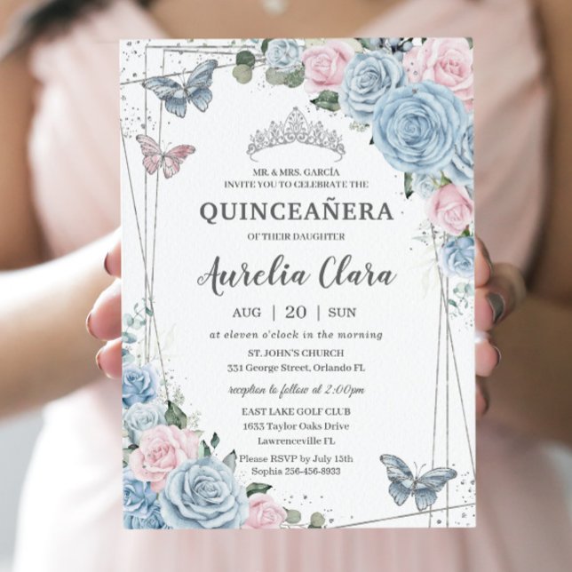 Invitation Quinceañera Bleu Bleu rose pâle papillons floraux (Créateur téléchargé)