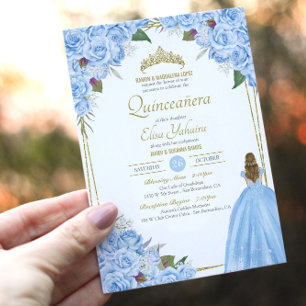 Invitation Quinceanera bleu clair Élégante robe Rose Floral