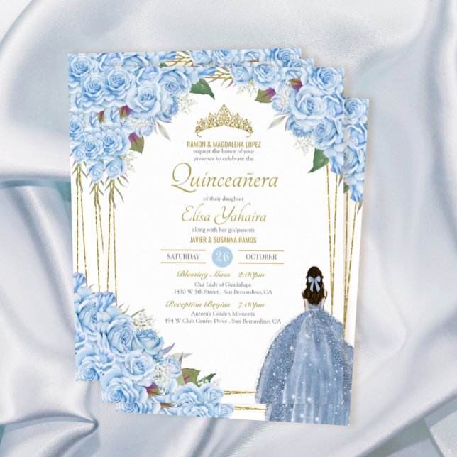 Invitation Quinceanera bleu clair Rose floral élégant coing (Créateur téléchargé)