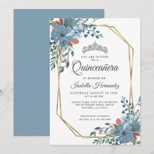Invitation Quinceanera Bleu Dusty Cadre Or Floral