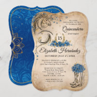 Quinceanera bleu et or Cheval rustique Anniversair