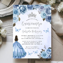 Quinceañera Bleu Floral Aquarelle Argenté
