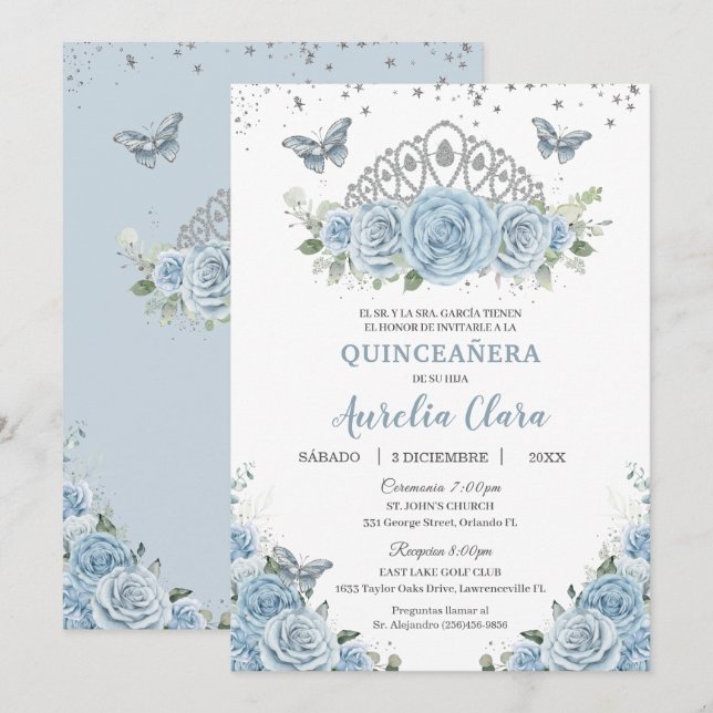 Invitation Quinceañera Bleu Floral Argent Couronne Español (Devant / Derrière)