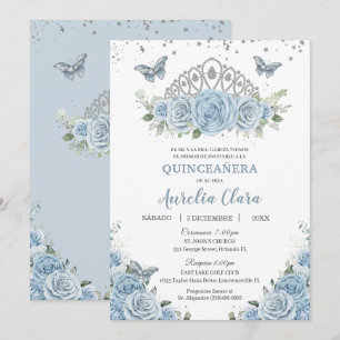 Invitation Quinceañera Bleu Floral Argent Couronne Español