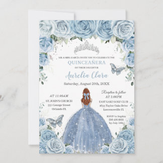 Invitation Quinceañera Bleu Floral Argent Rouge Cheveux fille