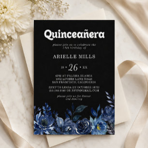 Invitation Quinceañera bleu marine floral Royal Navy