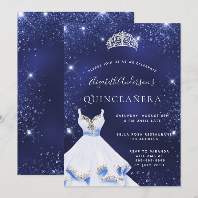 Invitation Quinceanera bleu marine parties scintillant robe t (Devant / Derrière)