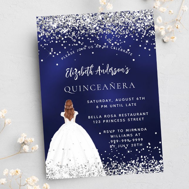 Invitation Quinceanera bleu marine robe argent luxe (Créateur téléchargé)