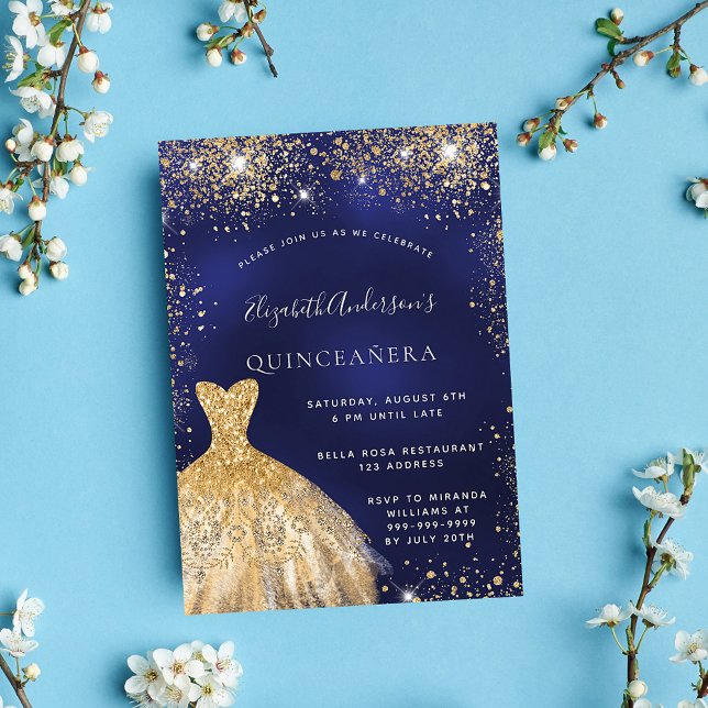 Invitation Quinceanera bleu marine robe or glamour (Créateur téléchargé)