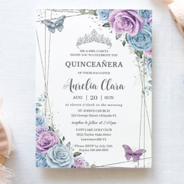 Invitation Quinceanera Bleu pourpre Lilac Floral Argent (Créateur téléchargé)