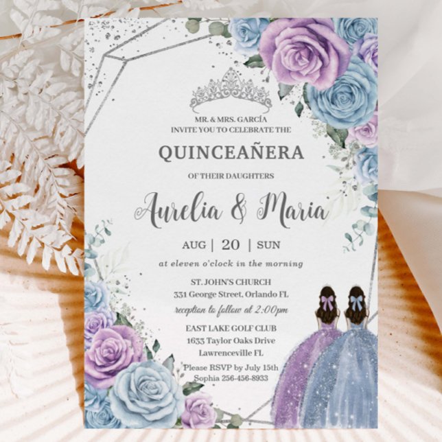 Invitation Quinceañera Bleu pourpre Lilac Jumeaux floraux (Créateur téléchargé)