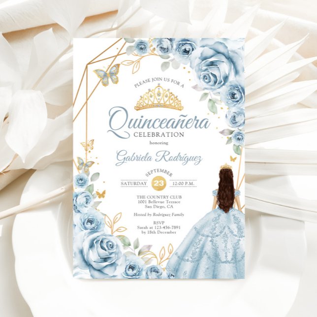 Invitation Quinceanera Bleu Robe Bleu Bleu Or Floral (Créateur téléchargé)