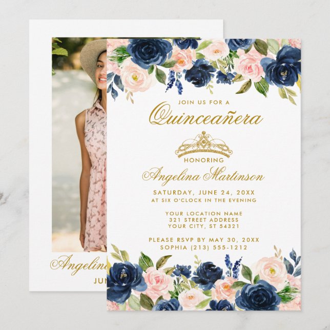 Invitation Quinceanera Bleu rose Floral Or photo Couronne (Devant / Derrière)