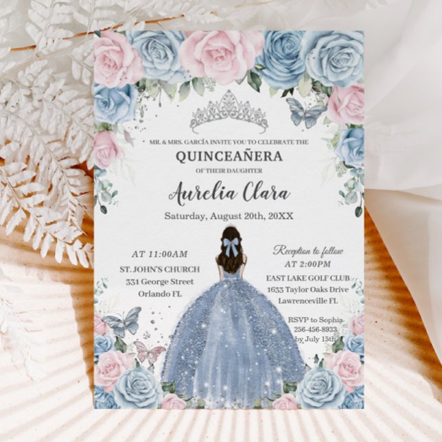 Invitation Quinceañera Bleu rose Floral Princesse robe (Créateur téléchargé)
