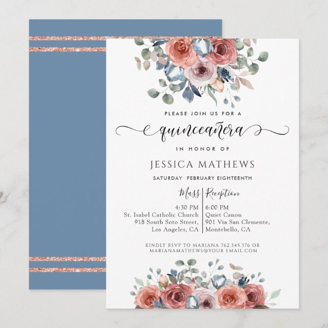 Invitation Quinceañera Bleu rose or Blissé Floral (Devant / Derrière)