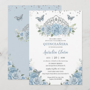 Invitation Quinceañera Bleu Roses Floral Argent Couronne