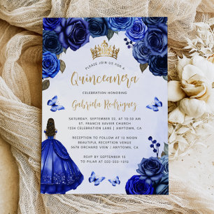 Invitation Quinceañera bleu royal et or à motif floral aquare