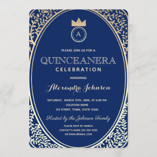 Invitation Quinceanera Bleu Royal et Princesse Monogramme Or