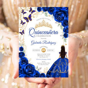 Invitation Quinceanera Bleu Royal Or Floral