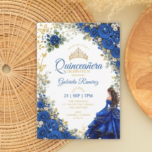 Invitation Quinceañera bleu royal papillons dorés