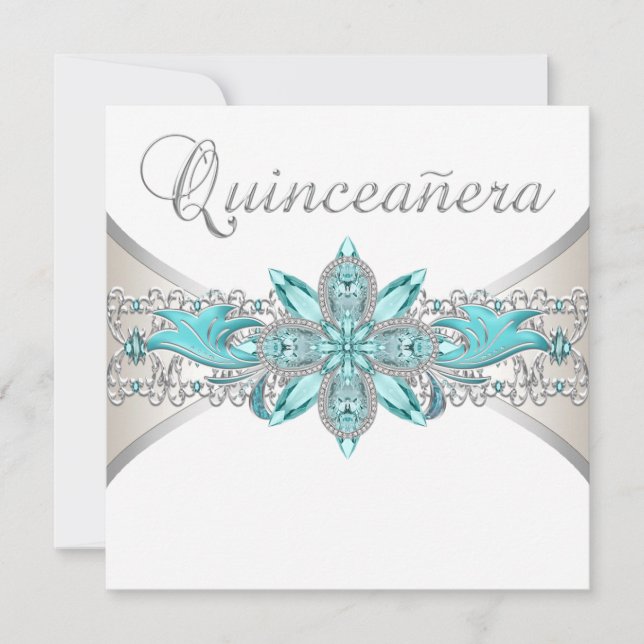 Invitation Quinceanera bleu turquoise et argent (Devant)