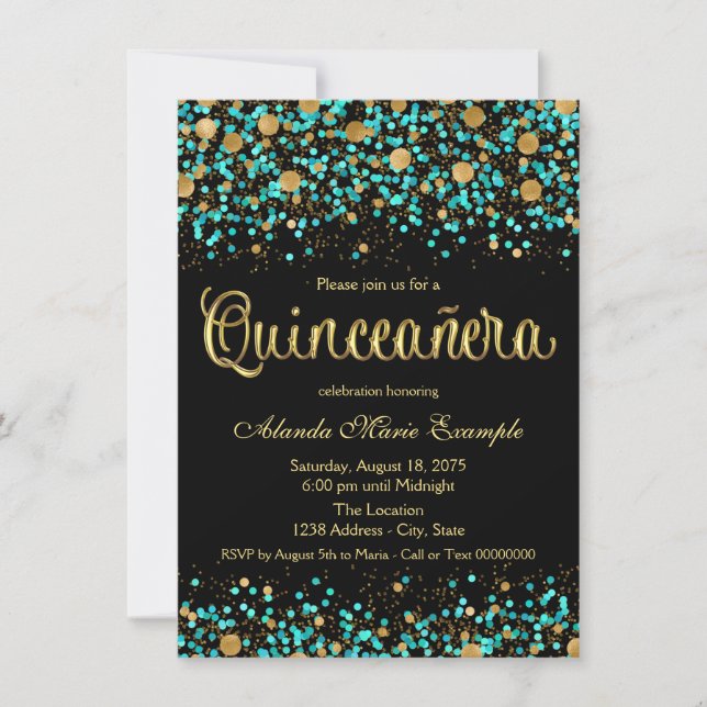 Invitation Quinceanera bleu turquoise et or (Devant)