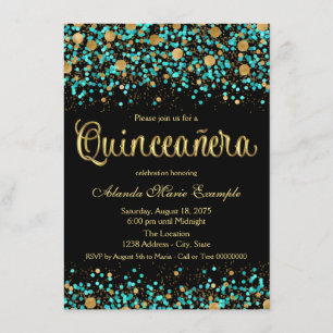 Invitation Quinceanera bleu Turquoise et or