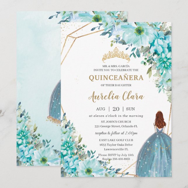 Invitation Quinceañera bleu turquoise Floral Auburn Princesse (Devant / Derrière)