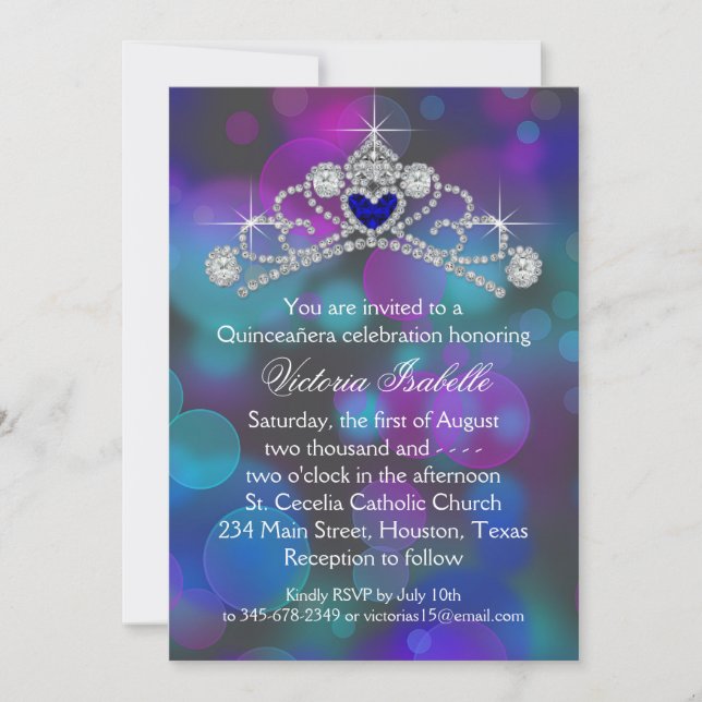 Invitation Quinceanera bleu Turquoise rose pourpre (Devant)