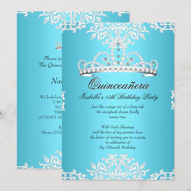 Invitation Quinceanera bleue 15ème anniversaire fête Tiara 3 (Devant / Derrière)