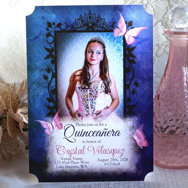 Invitation Quinceanera Bleue, Papillons Roses (Pink Quinceanera dress, royal blue frame, Pink butterflies, pink and blue quinceanera invitations)